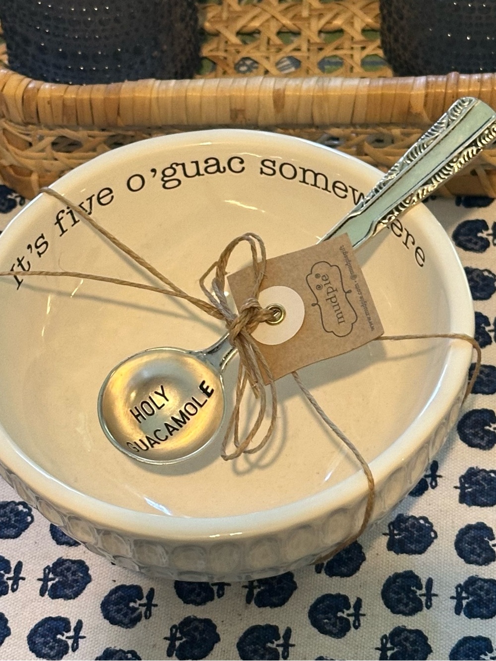 Mud Pie Cream Ceramic Guacamole Bowl with Stamped Silver Spoon